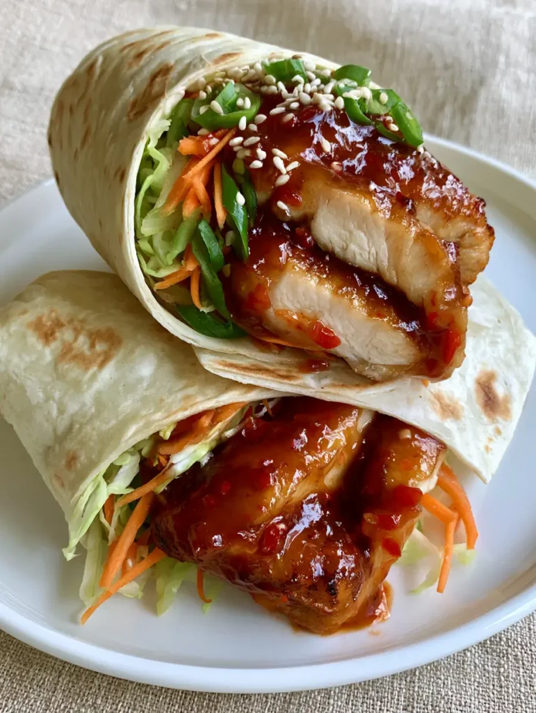 Close-up of the interior of Sweet Chili Chicken Wraps showing julienne carrots, shredded green cabbage, and sesame seeds.