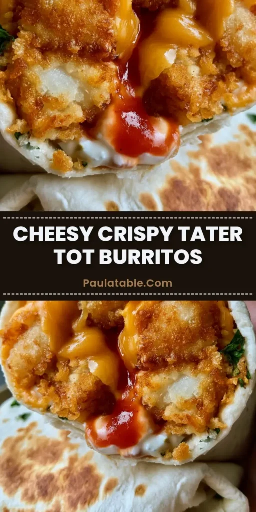 A halved Cheesy Potato Burrito held in a hand, showing crispy tater tots, melted orange cheddar, and vibrant red sauce. (Cheesy Potato Burrito)