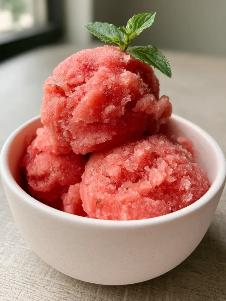 A close-up handheld photo of three scoops of watermelon sorbet showing icy texture and frozen fruit fibers. (Watermelon Sorbet Recipe)