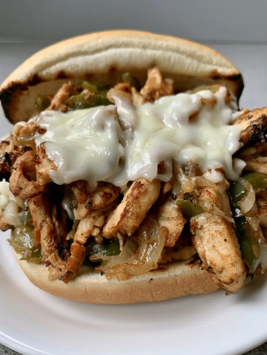 Eye-level shot of a Chicken Philly Cheese Steak showing seared chicken, green peppers, and bubbly provolone.
