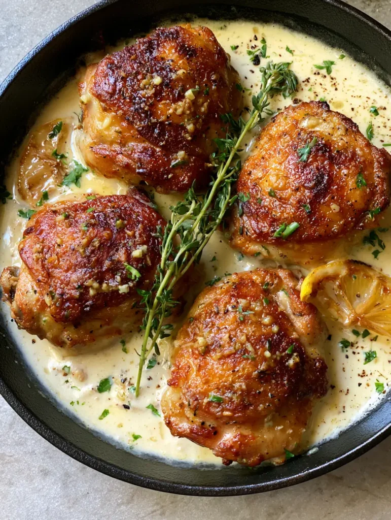 Creamy Garlic Chicken Thighs speckled with cracked black pepper and garnished with caramelized lemon slices in a glossy sauce.
