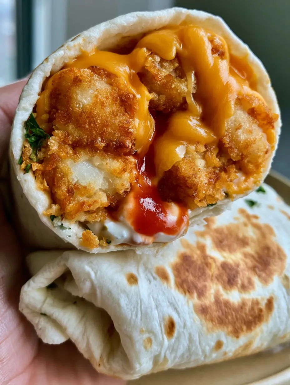 A close-up smartphone photo of a halved cheesy potato burrito showing distinct toasted spots and thick orange cheddar. (Cheesy Potato Burrito)