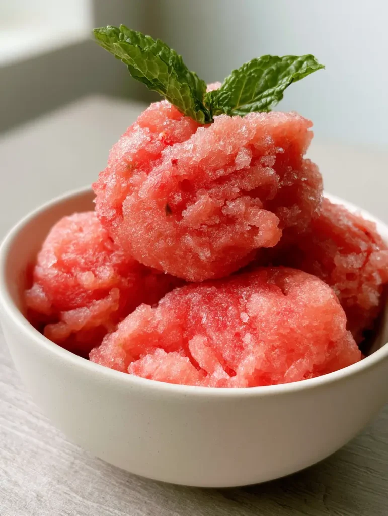 Watermelon sorbet scoops in a matte white ceramic bowl on a light wooden table in natural daylight.