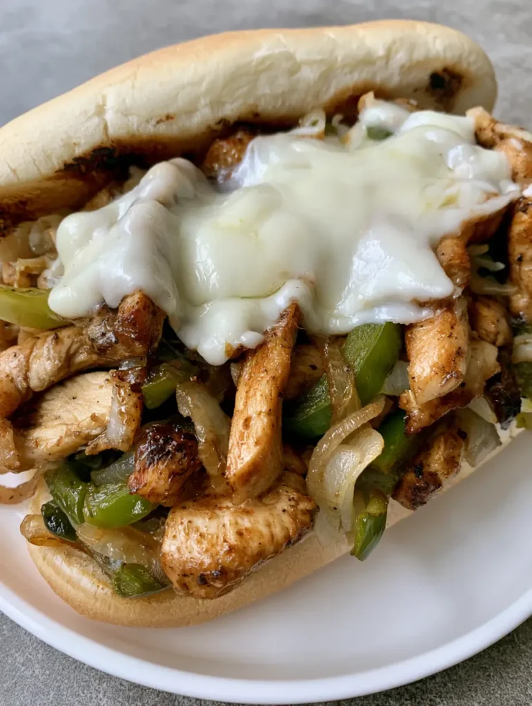 Close-up of the toasted hoagie roll with char marks and overflowing chicken philly filling.
