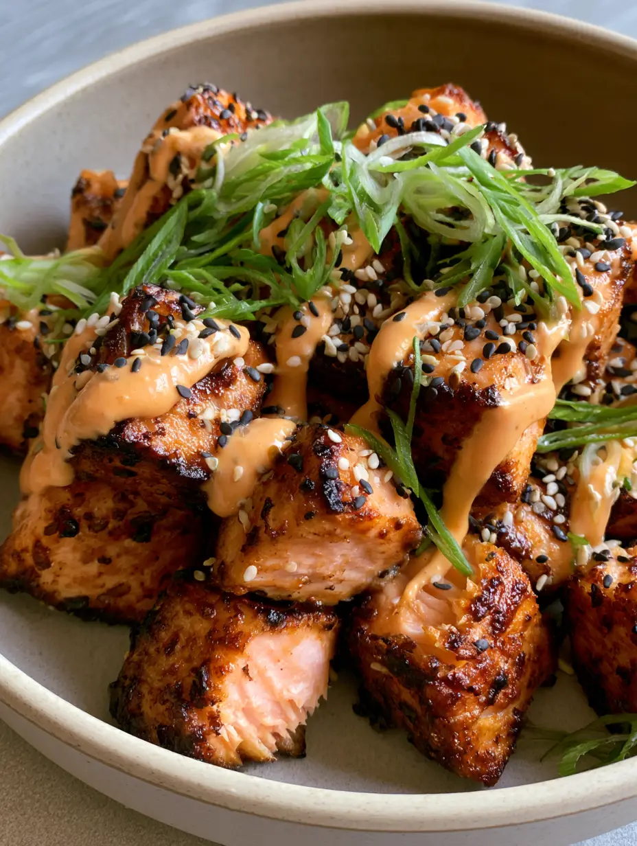 Close up of charred golden-brown salmon cubes with a flaky pink interior and creamy orange sauce drizzle. (Crispy Bang Bang Salmon Bites)