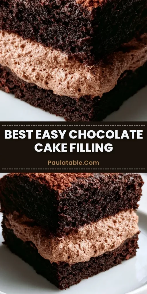 Chocolate Mousse Cake Filling: The Ultimate Stable and Airy Recipe 4 A tall slice of dark chocolate cake featuring a thick, stable Chocolate Mousse Cake Filling layer on a white plate.