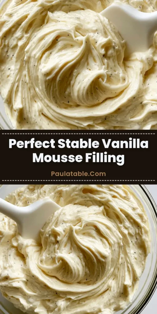 A close-up of Vanilla Mousse Cake Filling in a glass bowl showing glossy stiff peaks and black vanilla bean specks.