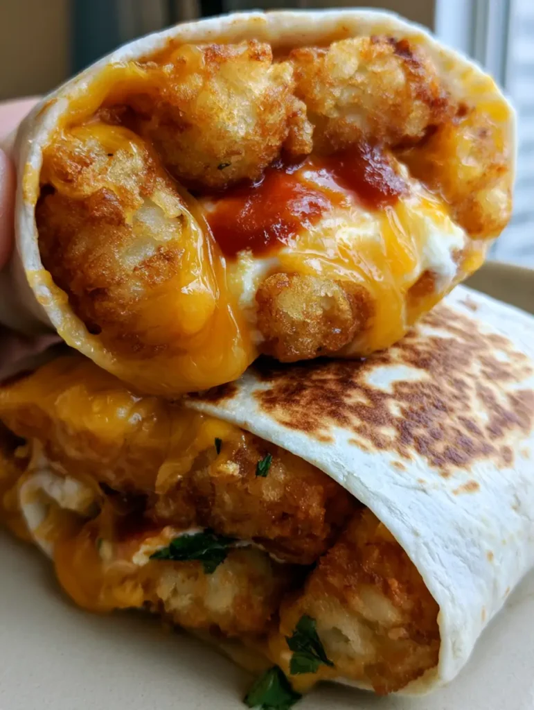 Detailed view of the Cheesy Potato Burrito filling with red taco sauce and fresh cilantro bits.