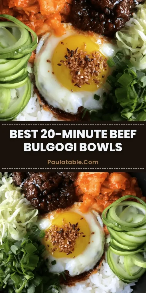 A close-up of Ground Beef Bulgogi Bowls featuring seared beef, a sunny-side-up egg, and fresh vegetables in a black bowl on a wooden surface.