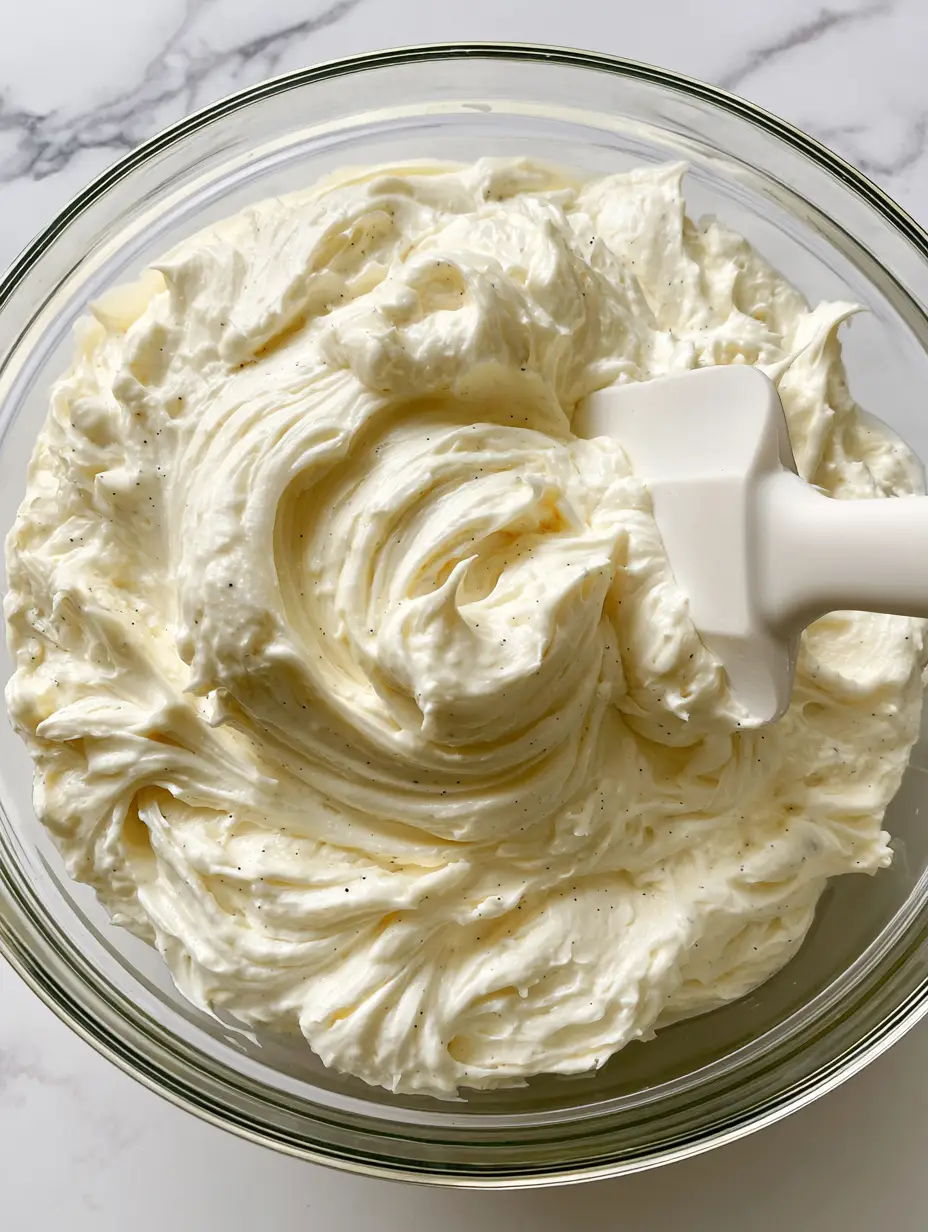 Top-down view of Vanilla Mousse Cake Filling being swirled with a white silicone spatula in a glass bowl.