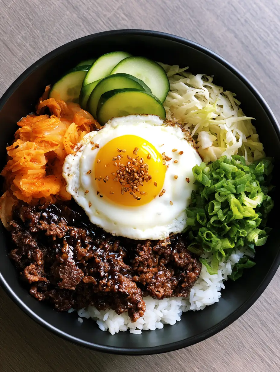 Top-down view of Ground Beef Bulgogi Bowls showing the sectional arrangement of kimchi, cucumber, cabbage, and seared beef.