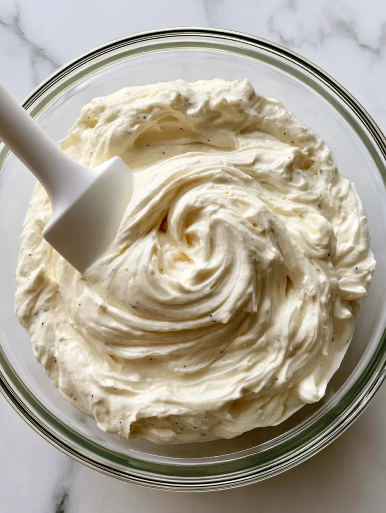 Close-up of thick, aerated Vanilla Mousse Cake Filling with visible vanilla seeds and glossy texture.