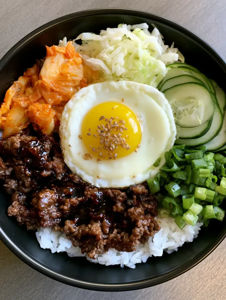 A smartphone photo style shot of Ground Beef Bulgogi Bowls emphasizing the glistening soy glaze on the beef.