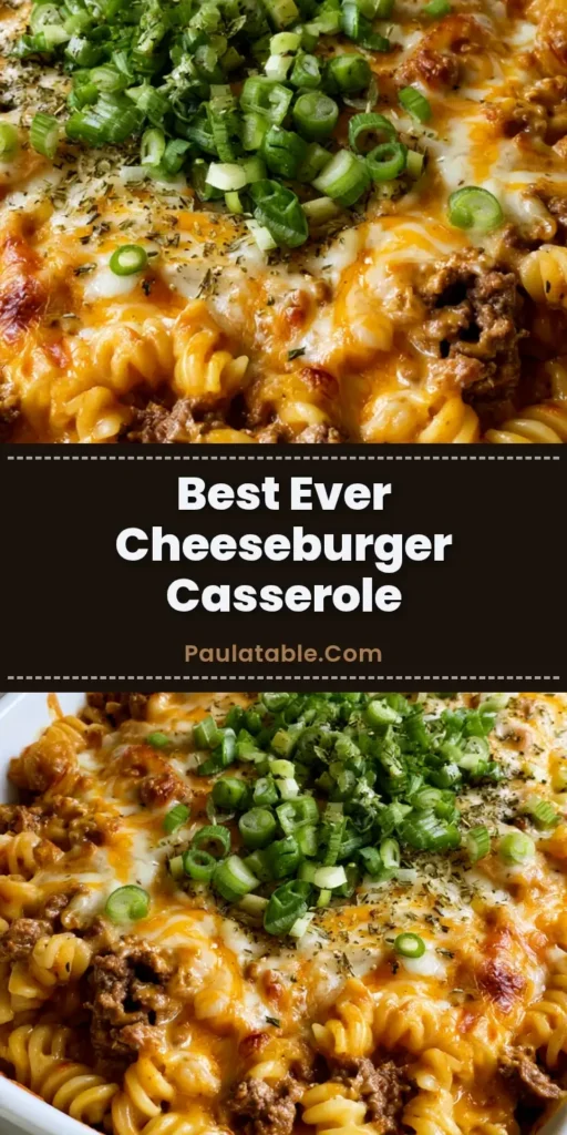 A close-up of a creamy Cheeseburger Casserole with melted sharp cheddar cheese, green onions, and rotini pasta in a white ceramic dish.