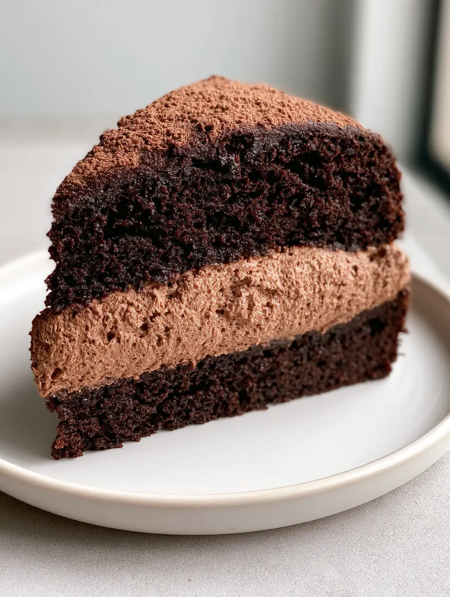 Chocolate Mousse Cake Filling: The Ultimate Stable and Airy Recipe 3 Close-up cross-section of double-layer dark chocolate sponge cake with aerated Chocolate Mousse Cake Filling.