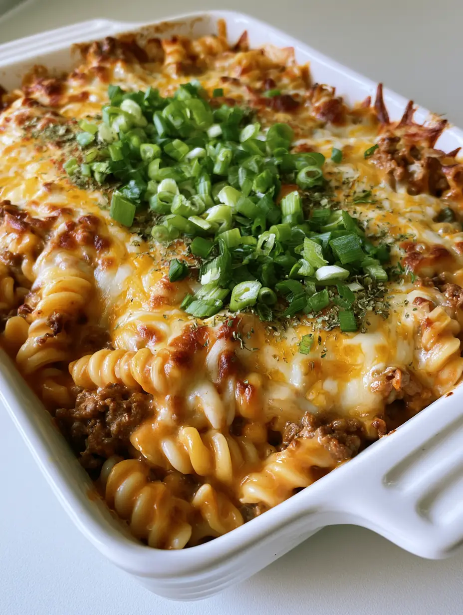 Overhead view of Cheeseburger Casserole showing browned ground beef crumbles and thick orange cheese sauce. (Cheeseburger Casserole)