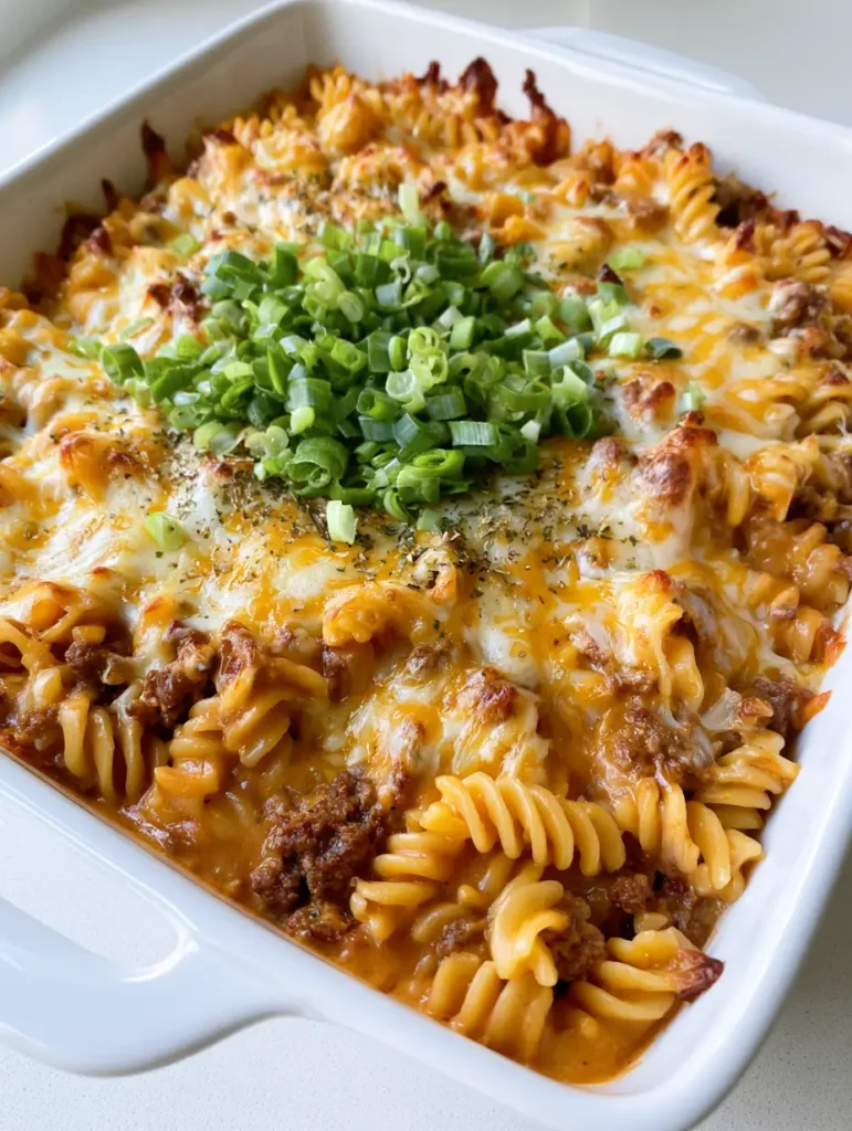 Close-up of toasted sharp cheddar cheese edges on a Cheeseburger Casserole garnished with scallions.