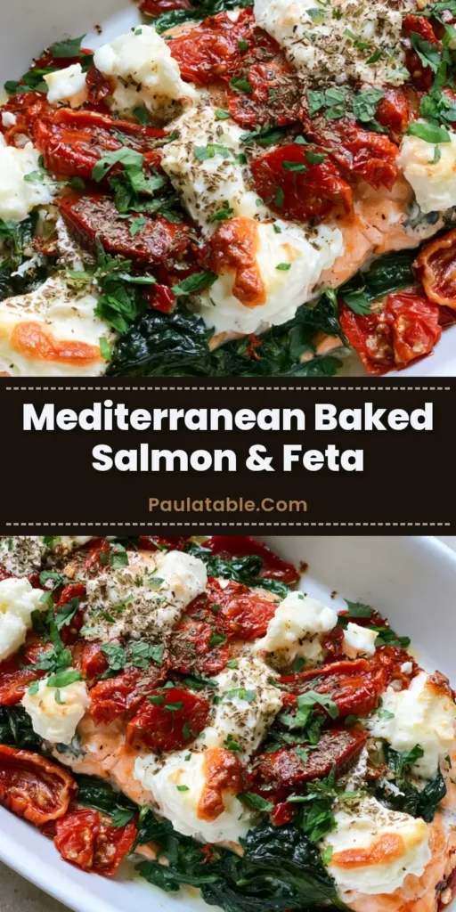 A rustic Pinterest pin graphics layout featuring Mediterranean Baked Salmon with Feta in a white ceramic dish with golden browned feta cheese tips.