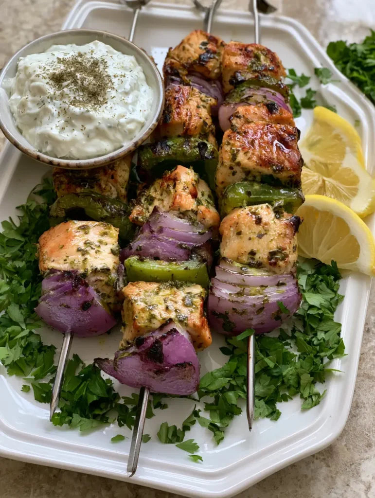 A small ceramic side bowl of thick creamy white tzatziki sauce topped with a dusting of dried dill sitting next to Greek Marinated Chicken Kabobs on a stone countertop background.
