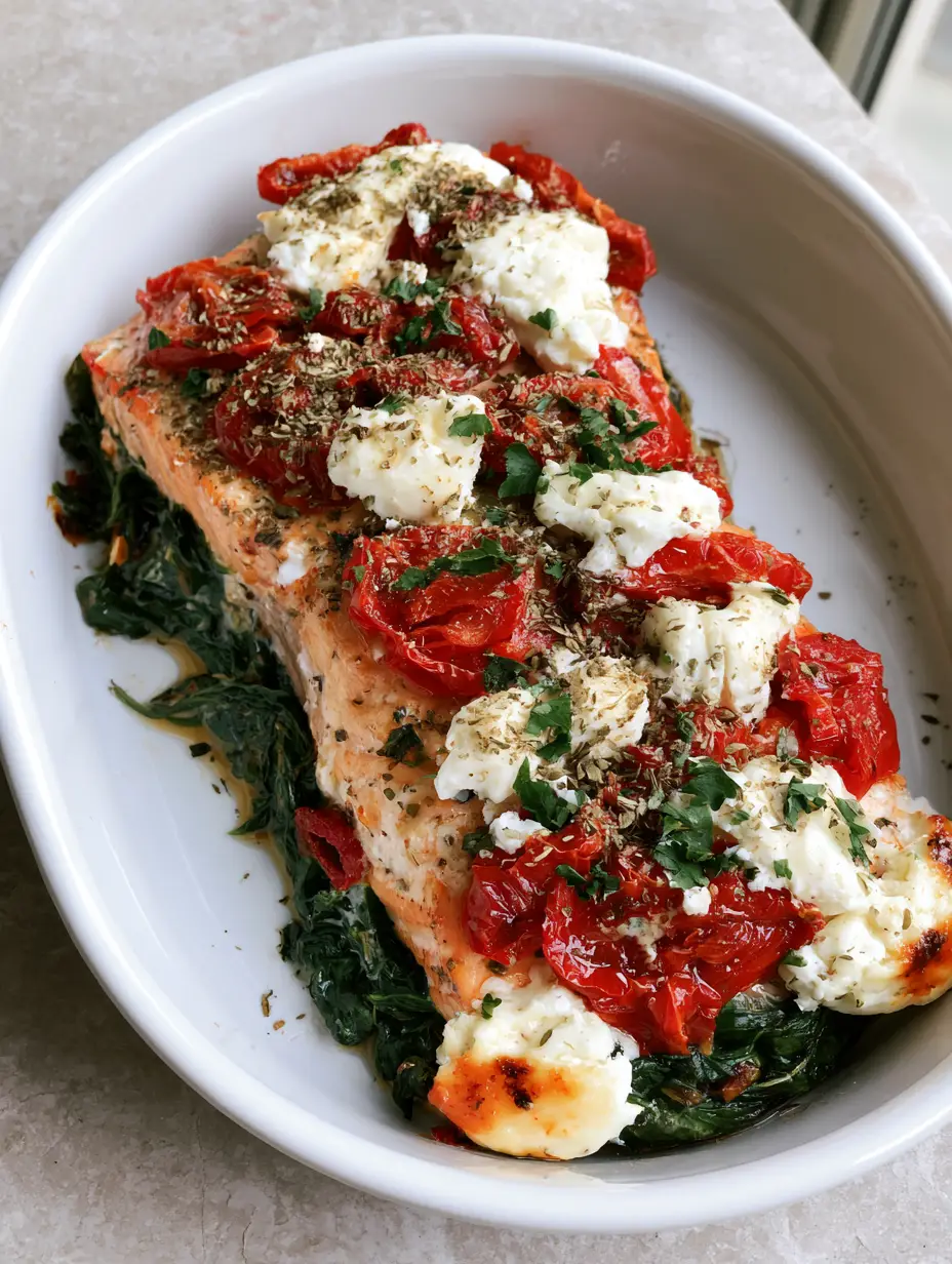 Handheld smartphone photo of a juicy salmon fillet baked in a white ceramic dish, covered in dark green wilted spinach, red sun-dried tomatoes, and lightly browned white feta cheese.