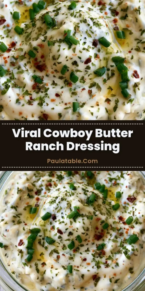 A small clear glass jar filled with thick and creamy ivory-colored Cowboy Butter Ranch Dressing, heavily speckled with green chives and red chili flakes on a rustic wooden table.
