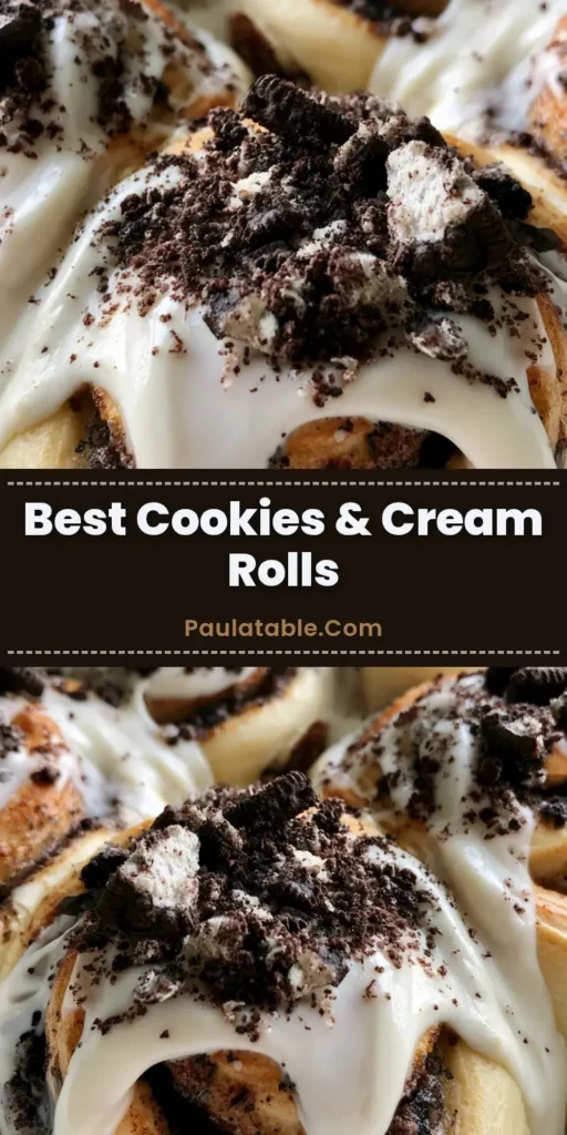 A close-up shot of Cookies and Cream Cinnamon Rolls in a white ceramic dish, covered in thick white frosting and crushed chocolate cookies.