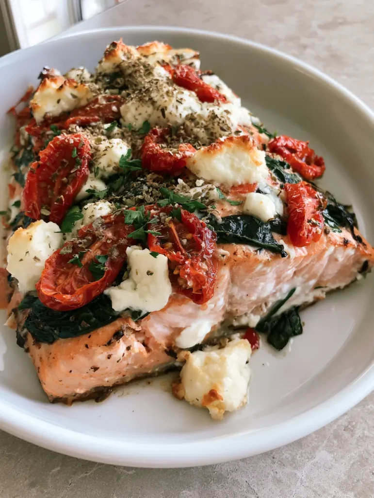 Close-up food photography of Mediterranean Baked Salmon with Feta garnished with dried oregano and fresh green parsley flakes on a grey stone surface.