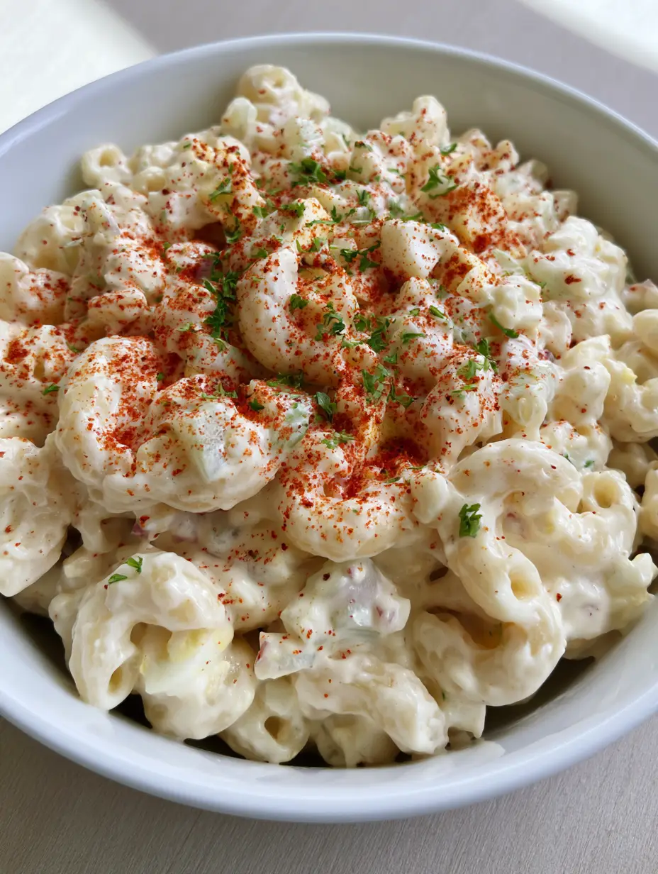 A close-up view of Dolly Parton Macaroni Salad featuring perfectly coated elbow pasta mixed with translucent celery bits, hard-boiled egg chunks, and minced red onion.