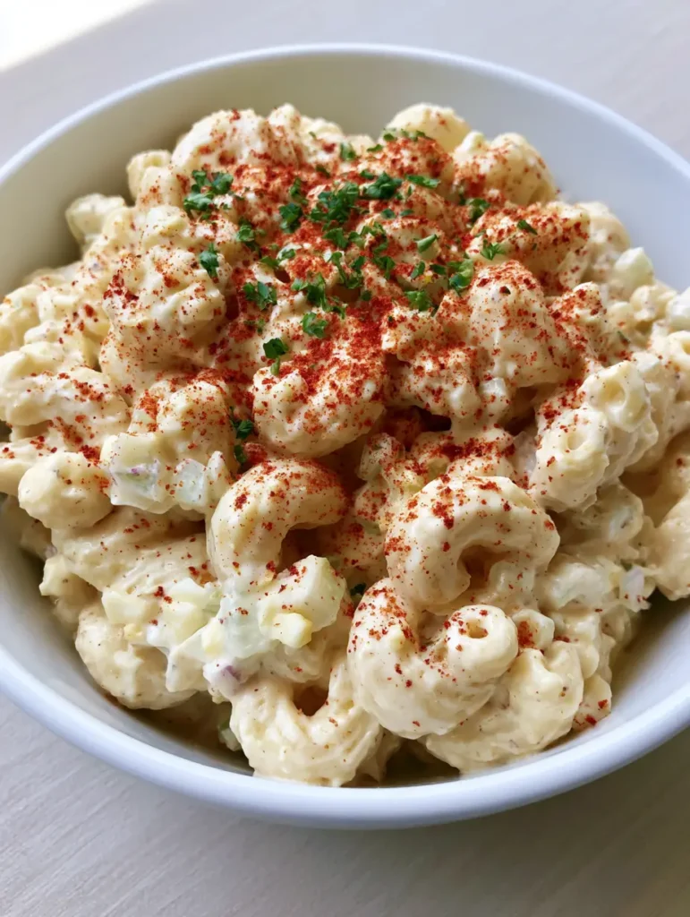 A realistic overhead shot of a Southern Dolly Parton Macaroni Salad decorated with a bright red dusting of sweet ground paprika and chopped fresh parsley.