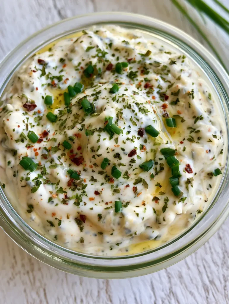 Close up shot of a handheld smartphone photo featuring a rustic jar of Cowboy Butter Ranch Dressing heavily speckled with chopped fresh green chives and tiny red chili flakes.