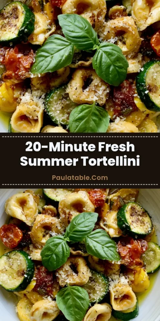 A smartphone photo of a white bowl filled with cheese tortellini, seared green zucchini, yellow squash, blistered tomatoes, and whole basil leaves. (Summer Tortellini Recipe)