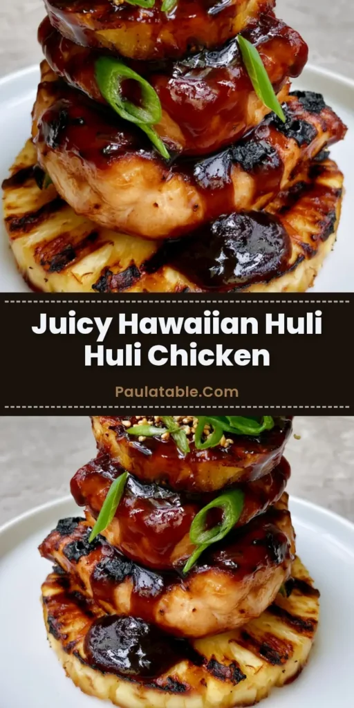 A vertical stack of Hawaiian Huli Huli Chicken featuring grilled caramelized pineapple rings and a glossy mahogany glaze on a white ceramic plate.
