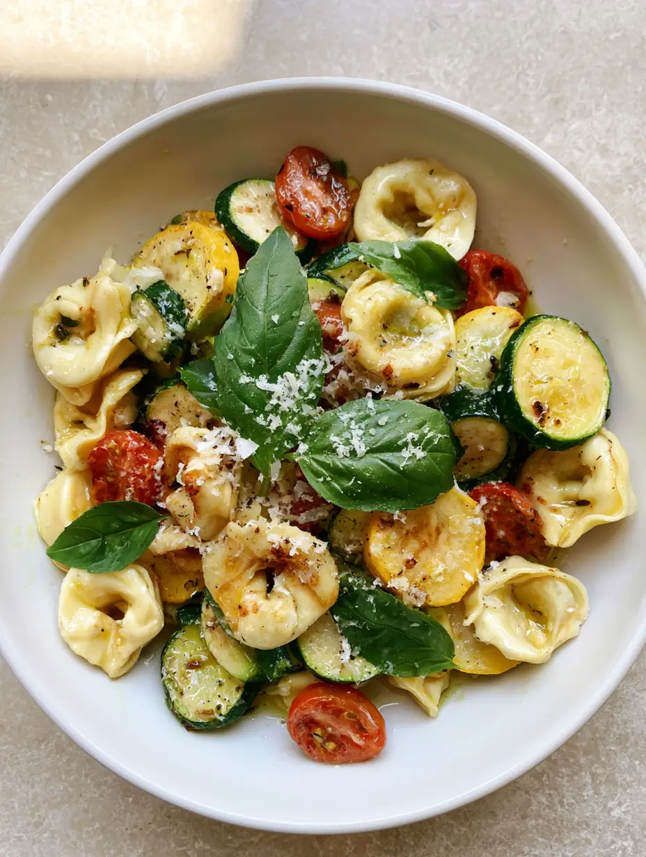 Top-down view of a white ceramic bowl filled with the Summer Tortellini Recipe, showing glistening olive oil glaze and seared vegetable rounds.