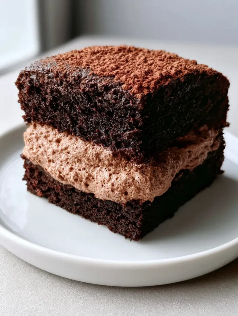 Chocolate Mousse Cake Filling: The Ultimate Stable and Airy Recipe 1 Symmetrical layer cake with Chocolate Mousse Cake Filling and cocoa powder dusting on a white ceramic plate.