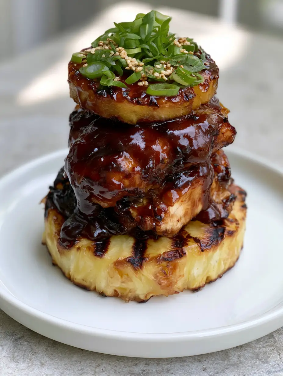 A close-up unedited smartphone photo of Huli Huli Chicken stacked with charred pineapple rings and dripping dark brown teriyaki glaze.