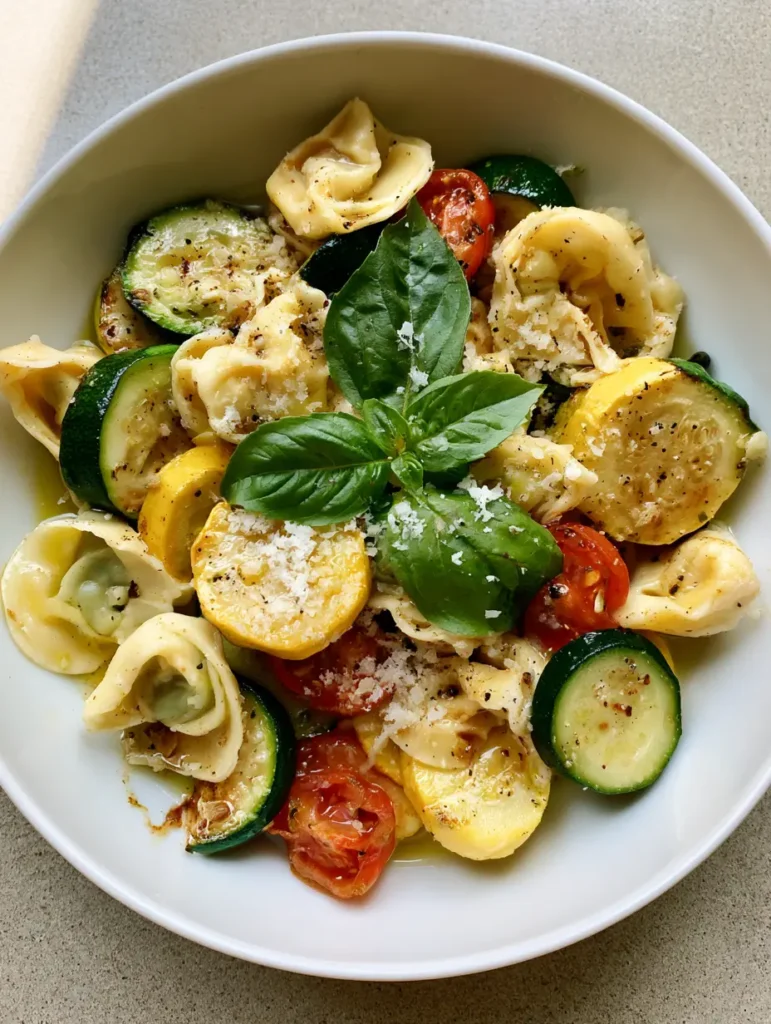 Close-up shot of blistered cherry tomatoes and seared yellow summer squash mixed with cheese tortellini. (Summer Tortellini Recipe)