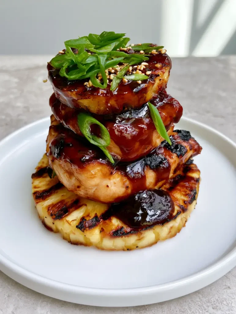 Top-down view of Huli Huli Chicken architectural stack garnished with bright green scallions and toasted white sesame seeds on light gray stone countertop.