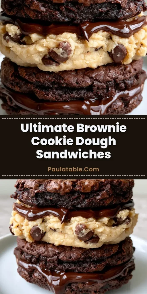 A towering stack of Brownie Cookie Dough Sandwich Cookies drizzled with glossy chocolate ganache and sea salt flakes on a white plate.
