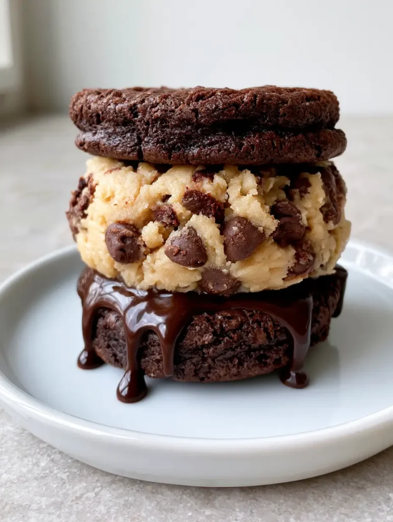 Handheld smartphone photo of a stack of Brownie Cookie Dough Sandwich Cookies plated on a flat white ceramic dish over a light grey stone countertop.