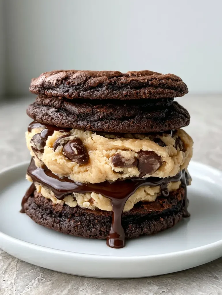 Close-up of glossy chocolate ganache pooling at the base of a stack of Brownie Cookie Dough Sandwich Cookies with visible semi-sweet morsels.