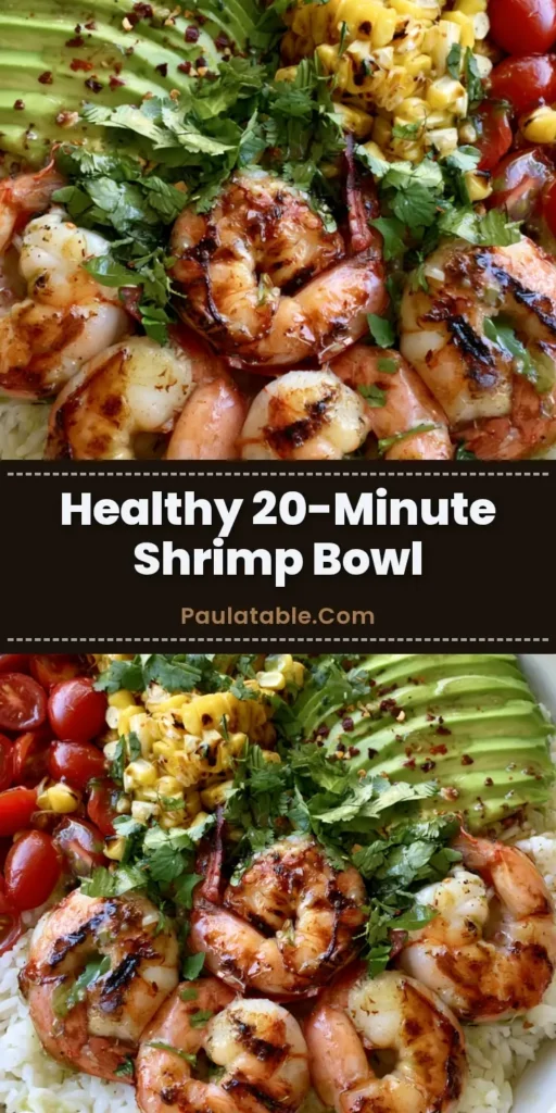 A top-down view of a vibrant Grilled Shrimp Bowl featuring five jumbo charred shrimp, an avocado fan, and golden charred corn over jasmine rice.