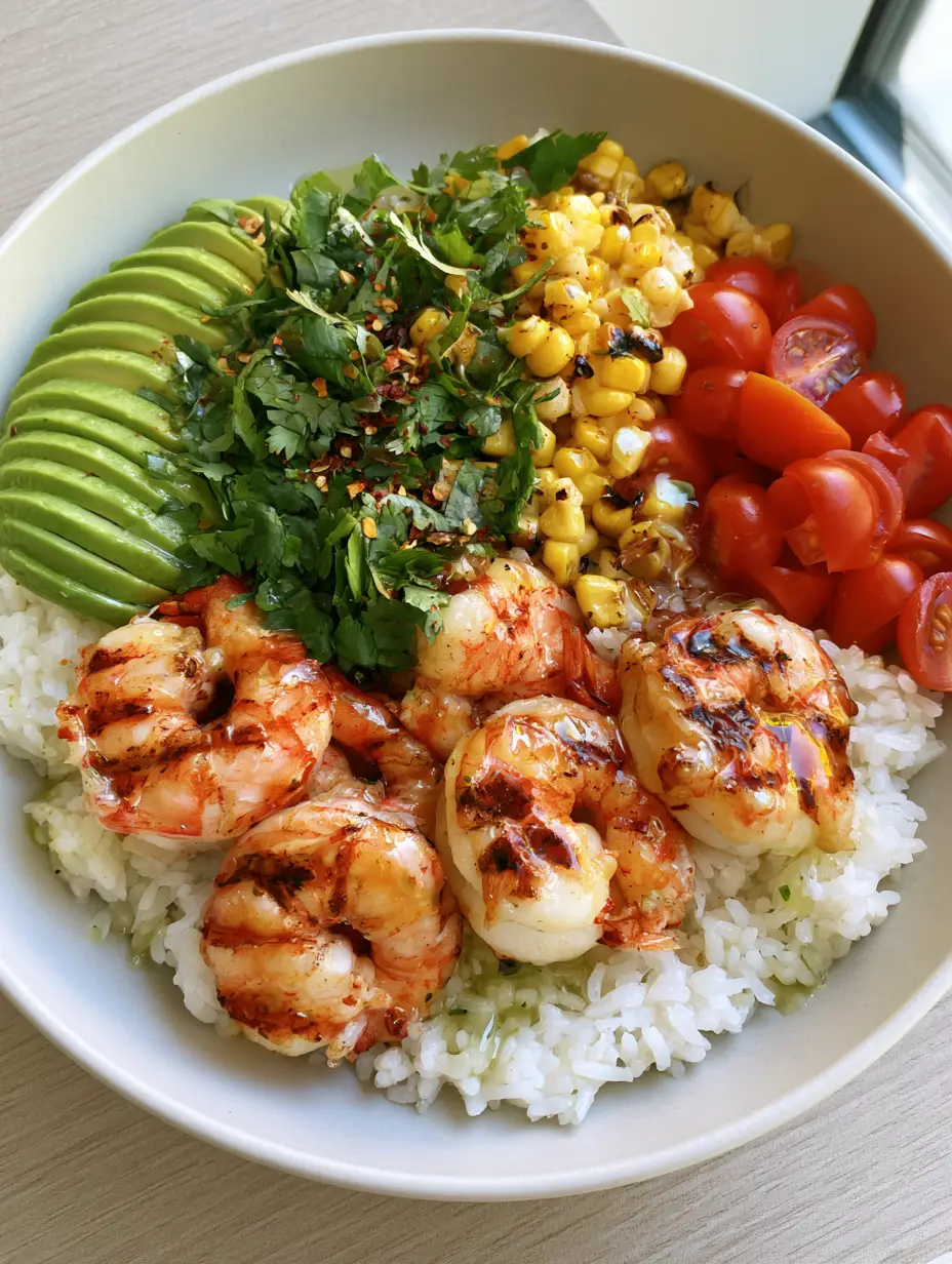 Smartphone photo of a Grilled Shrimp Bowl in a matte white ceramic bowl showing oily sheen on shrimp and bright red cherry tomatoes.