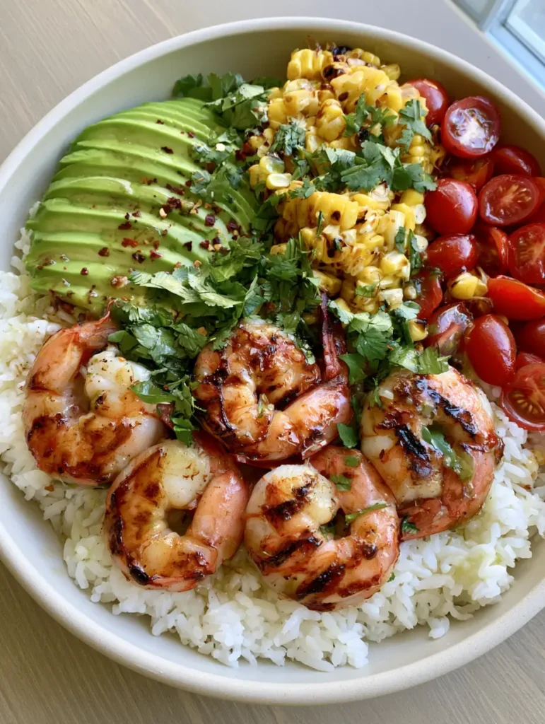Grilled Shrimp Bowl served on a light wood surface with natural window lighting, highlighting the fresh cilantro garnish.