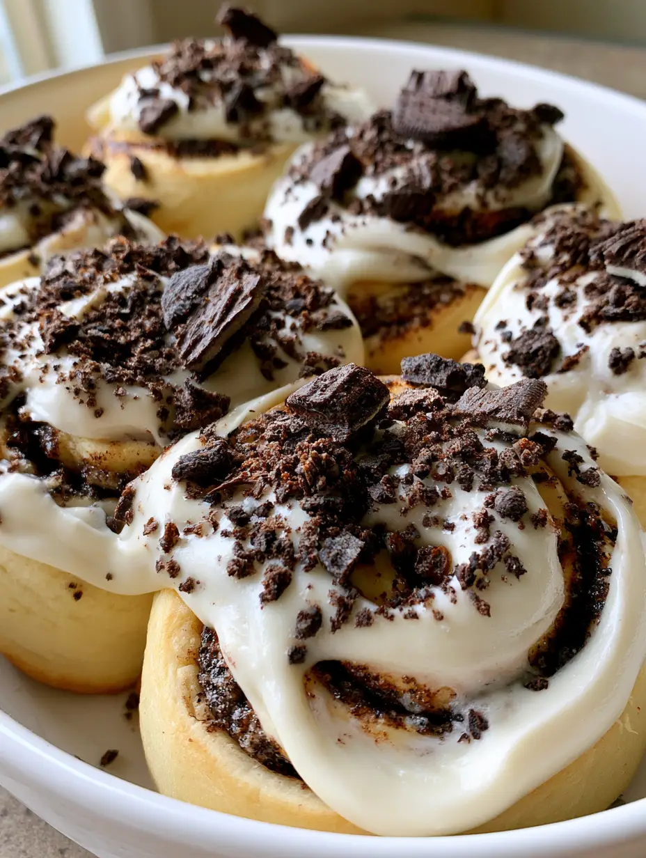 Handheld photo showing the dark gritty chocolate filling inside the Cookies and Cream Cinnamon Rolls spirals.