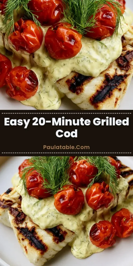 Thick slabs of Grilled Cod with Dill Sauce showing dark parallel char marks, topped with blistered cherry tomatoes and a thick pale-yellow cream sauce on a white ceramic plate.