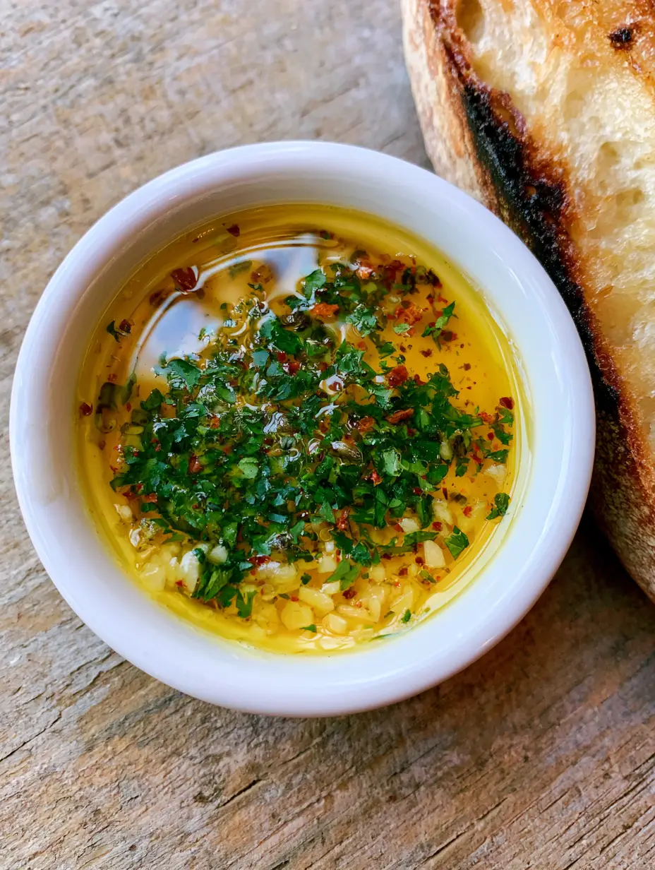 Close-up handheld smartphone photo of liquid golden-yellow Cowboy Butter in a small white ceramic ramekin, highlighted by soft natural daylight.