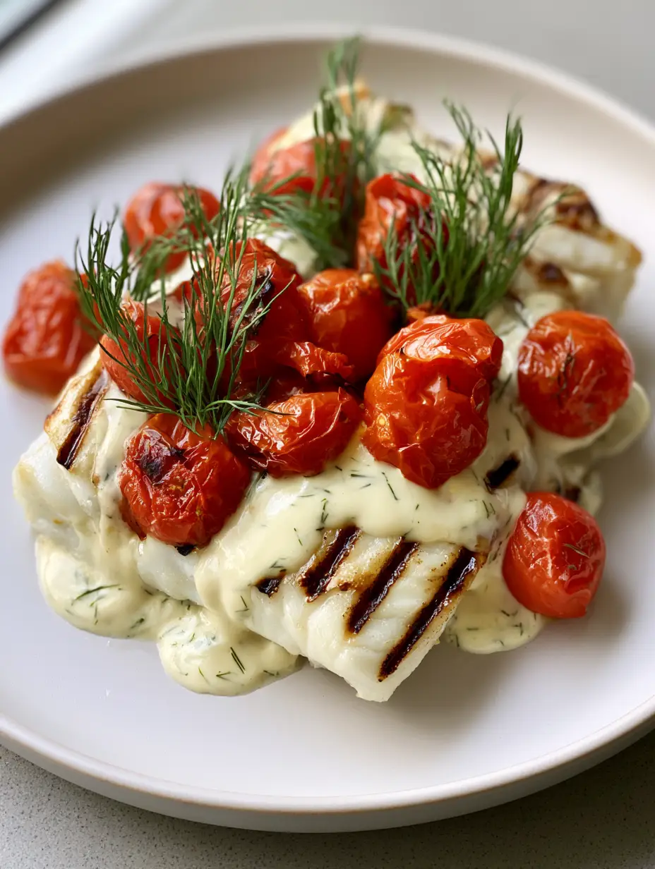 A handheld smartphone photo of thick slabs of grilled cod fillet with deep char marks, drizzled with thick pale-yellow dill cream sauce and burst tomatoes.