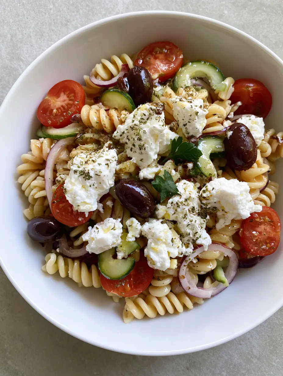 Top-down view of a fresh Greek Pasta Salad with Feta, showing glistening dressing and rustic feta crumbles. (Greek Pasta Salad with Feta)