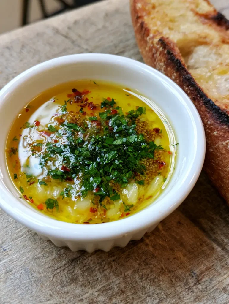 A thick slice of crusty baguette with a charred, toasted edge sitting next to a white ramekin of Cowboy Butter on a rustic wooden surface.