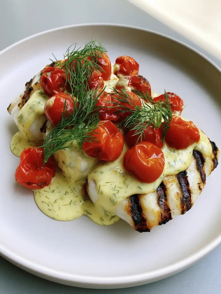 Close-up view of Grilled Cod with Dill Sauce showcasing the velvety texture of the sauce, fine green dill flecks, and feathery dill sprig garnishes.